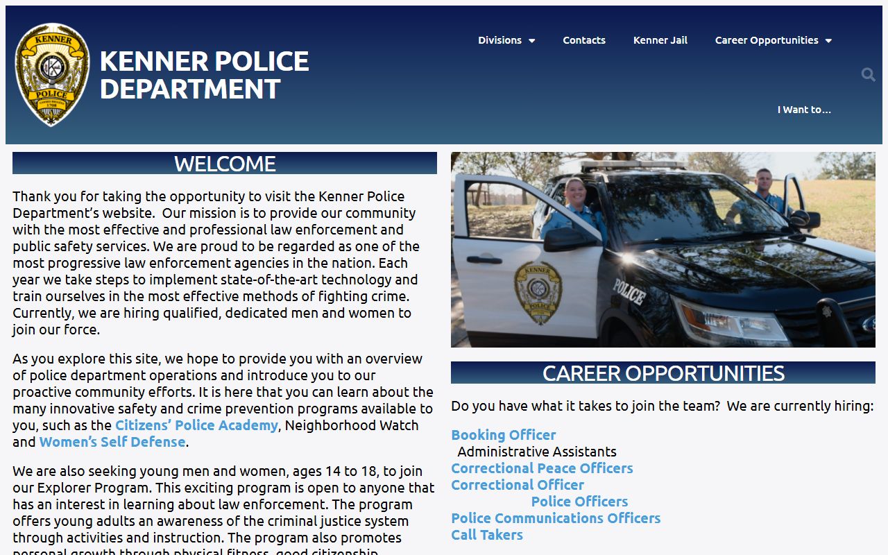 Kenner Police Department homepage for booking reports