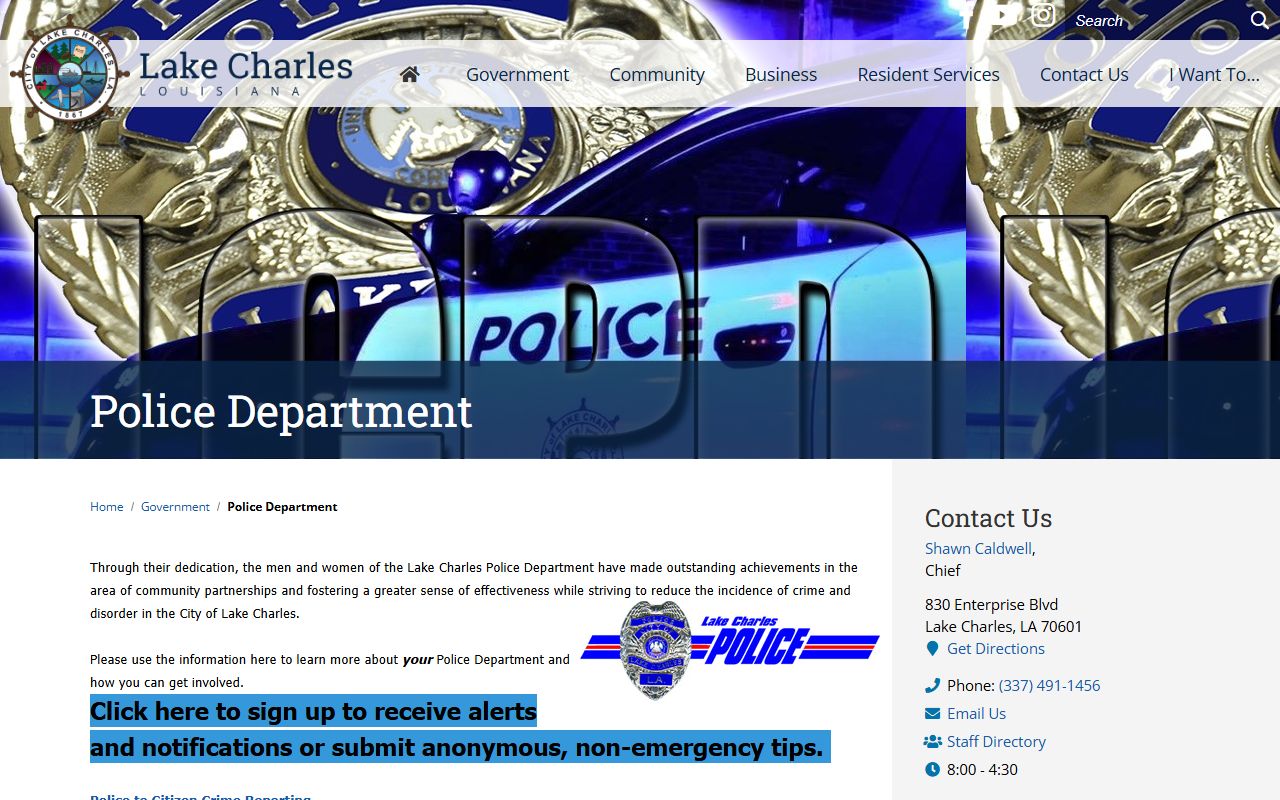 Lake Charles Police Department page for arrest records