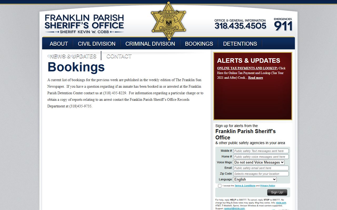 Franklin Parish Sheriff bookings page for booking reports