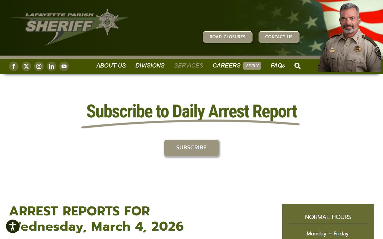Lafayette Parish daily arrest report page for booking reports