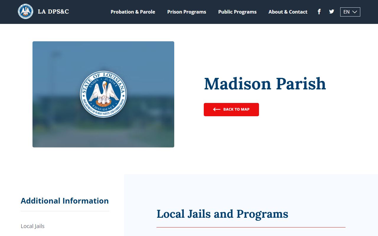 Madison Parish DOC information page for booking reports and offender records