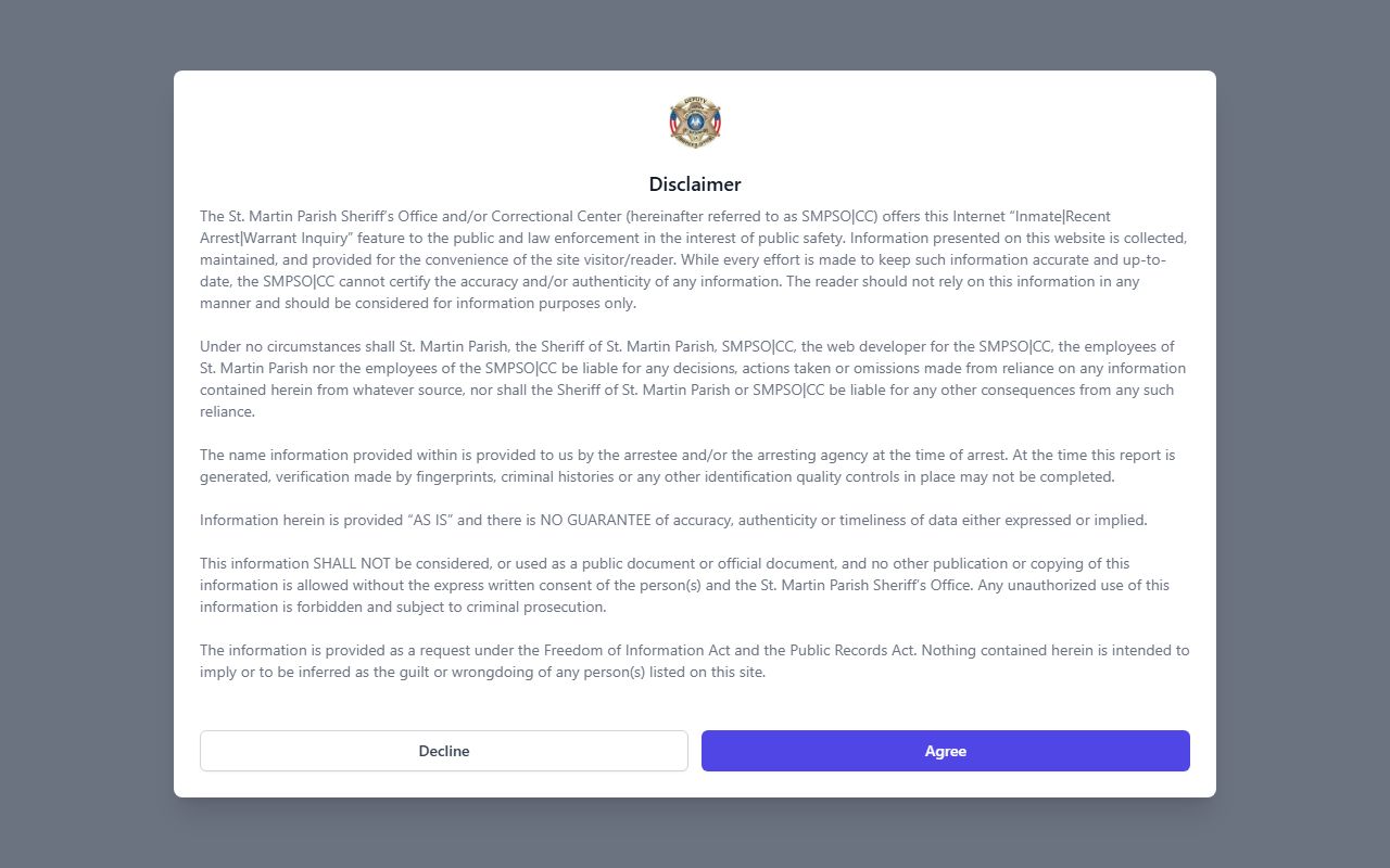 St. Martin Parish online inmate roster for booking reports