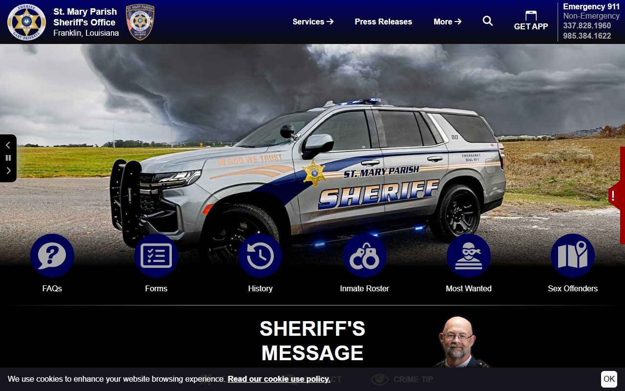 St. Mary Parish Sheriff Office homepage for booking reports