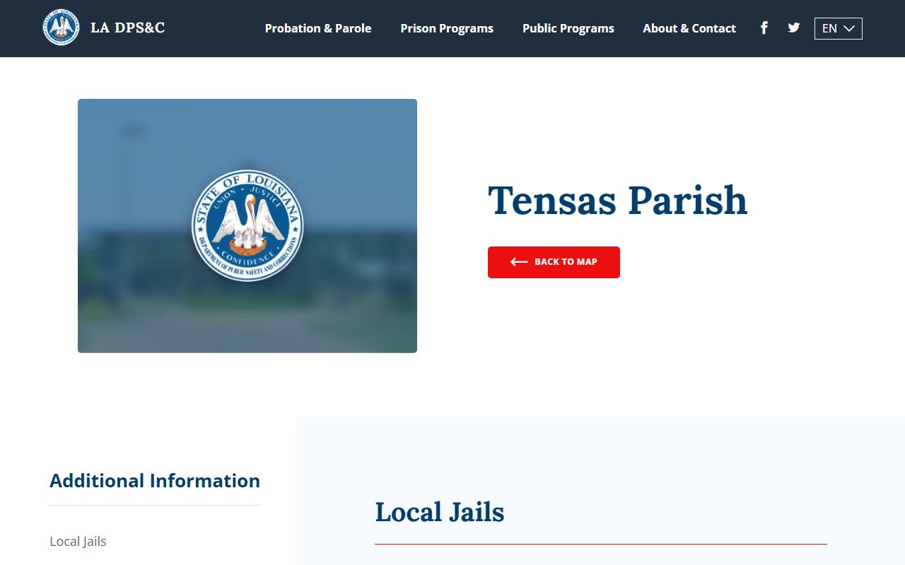 Tensas Parish DOC information page for booking reports
