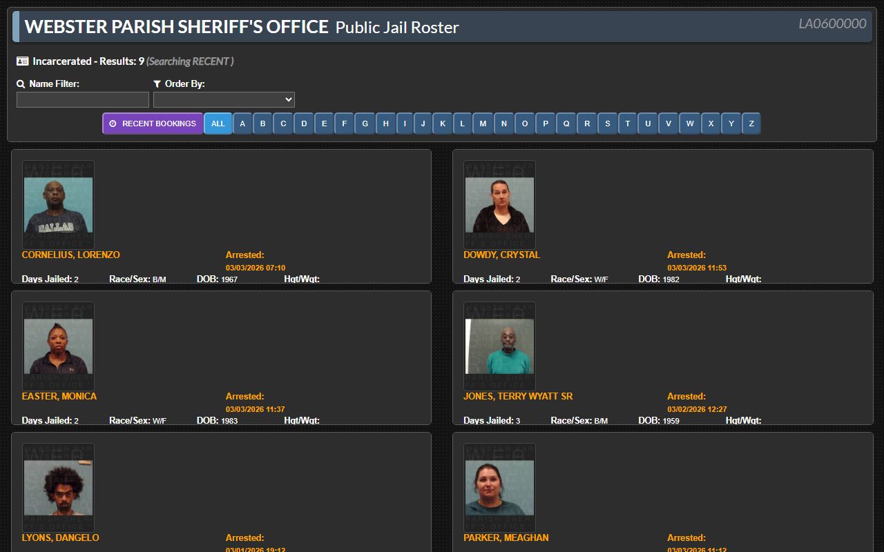 Webster Parish jail roster showing current booking reports on Kologik
