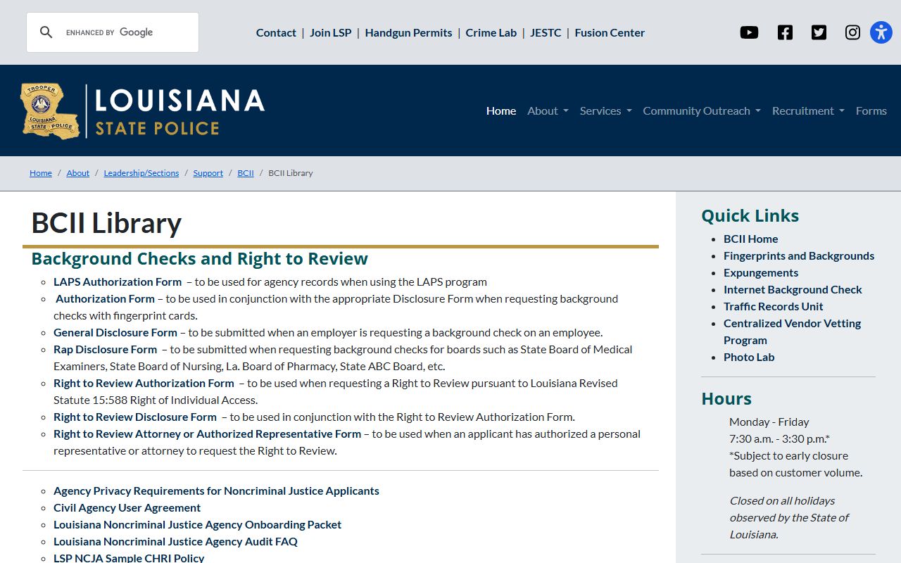 Louisiana State Police BCII forms and contact information for booking reports