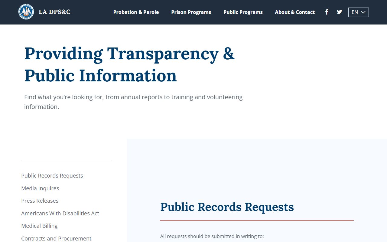 Louisiana DPS&C public information records request page for booking reports
