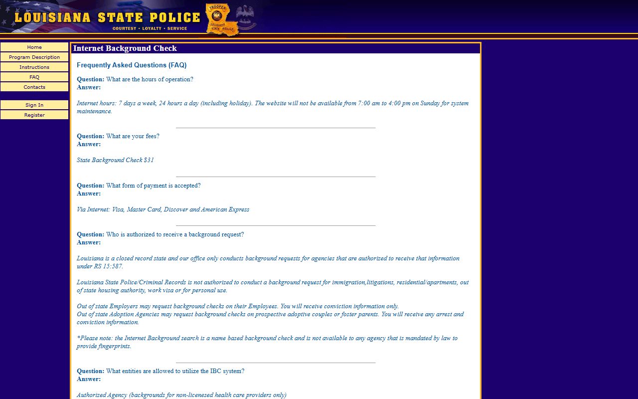 Louisiana State Police background check FAQ page with booking reports fee information