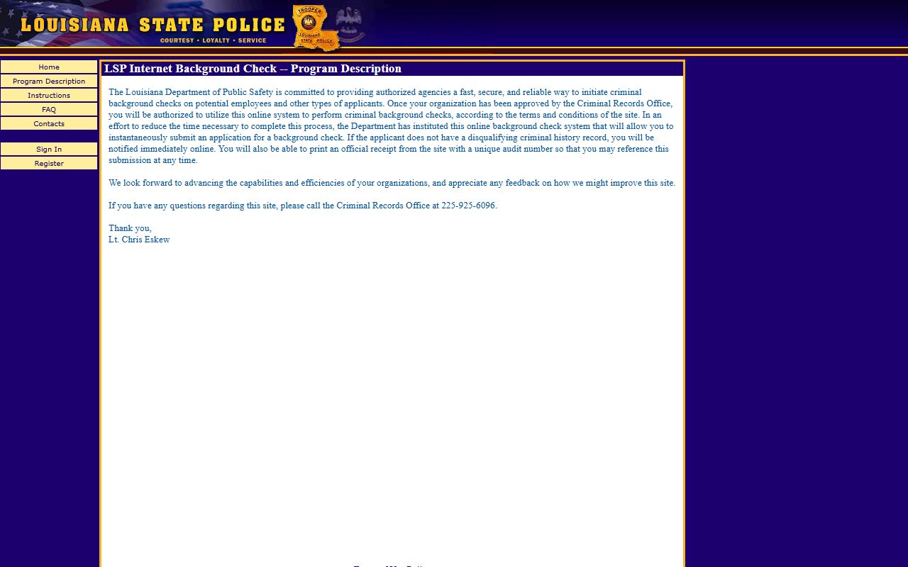 Louisiana State Police Internet Background Check portal for booking reports